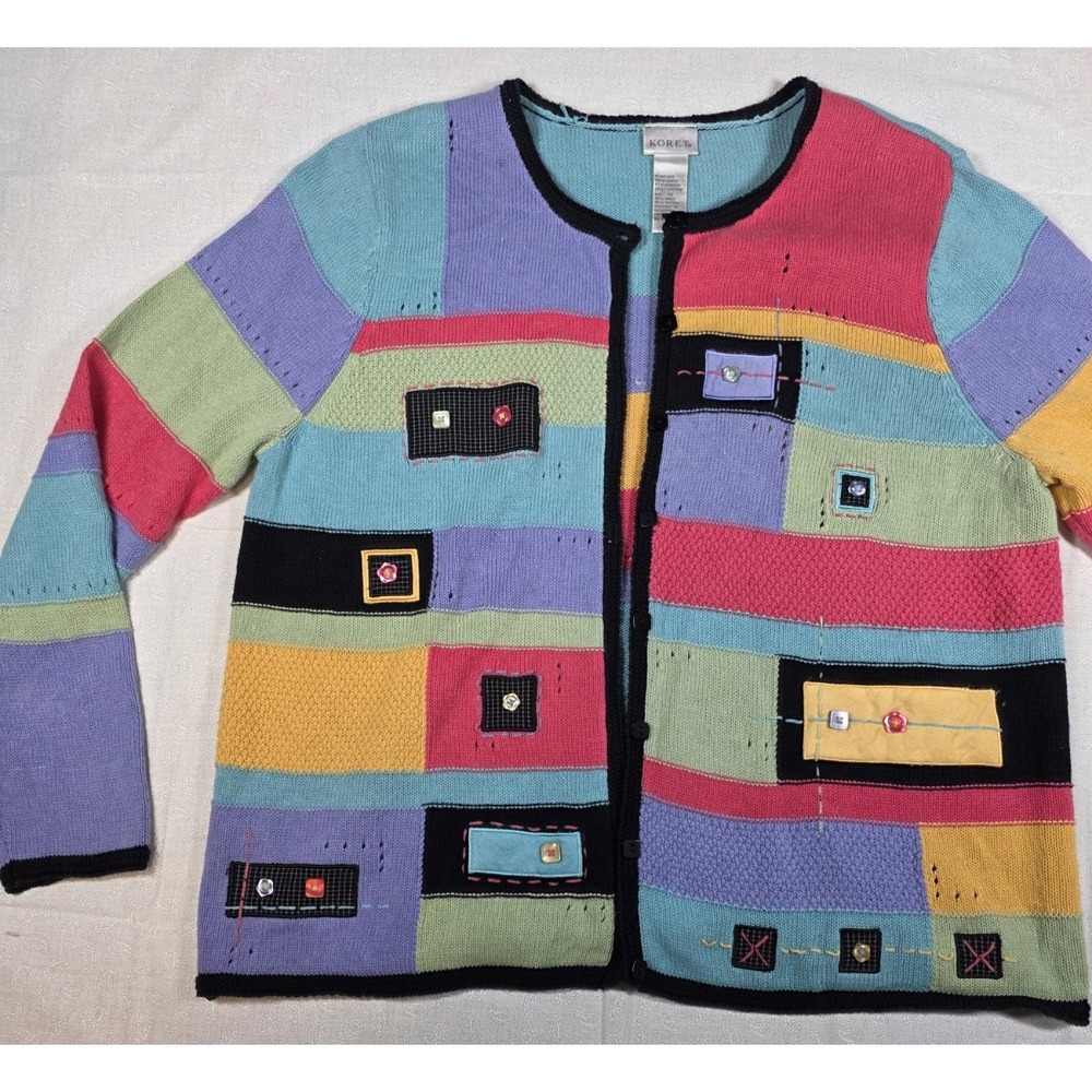 Vintage Koret Patchwork Knit Cardigan 1X Button Front Grandpa‎